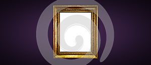 Antique art fair gallery frame on royal purple wall at auction house or museum exhibition, blank template with empty