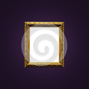 Antique art fair gallery frame on royal purple wall at auction house or museum exhibition, blank template with empty