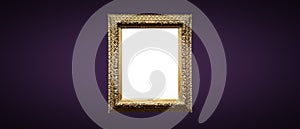 Antique art fair gallery frame on royal purple wall at auction house or museum exhibition, blank template with empty