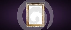 Antique art fair gallery frame on royal purple wall at auction house or museum exhibition, blank template with empty