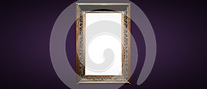 Antique art fair gallery frame on royal purple wall at auction house or museum exhibition, blank template with empty