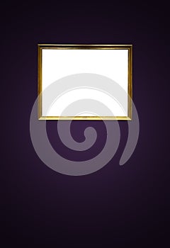 Antique art fair gallery frame on royal purple wall at auction house or museum exhibition, blank template with empty