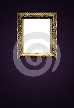 Antique art fair gallery frame on royal purple wall at auction house or museum exhibition, blank template with empty