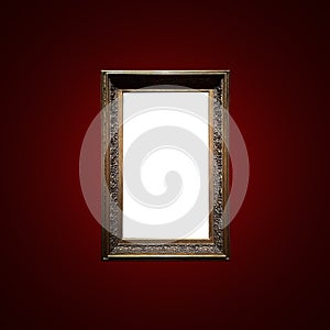 Antique art fair gallery frame on royal red wall at auction house or museum exhibition, blank template with empty white