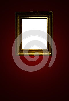 Antique art fair gallery frame on royal red wall at auction house or museum exhibition, blank template with empty white