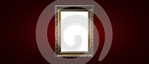 Antique art fair gallery frame on royal red wall at auction house or museum exhibition, blank template with empty white