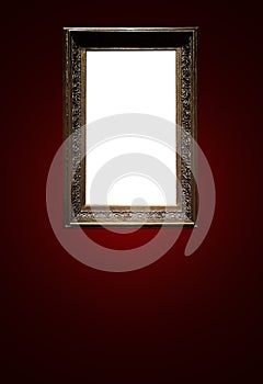 Antique art fair gallery frame on royal red wall at auction house or museum exhibition, blank template with empty white