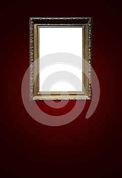 Antique art fair gallery frame on royal red wall at auction house or museum exhibition, blank template with empty white