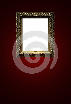 Antique art fair gallery frame on royal red wall at auction house or museum exhibition, blank template with empty white