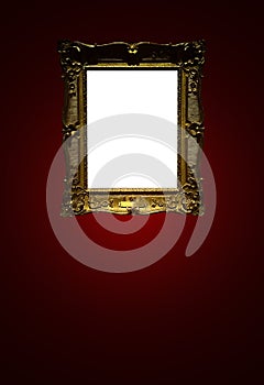 Antique art fair gallery frame on royal red wall at auction house or museum exhibition, blank template with empty white