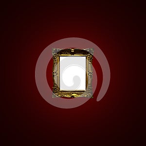 Antique art fair gallery frame on royal red wall at auction house or museum exhibition, blank template with empty white