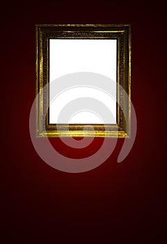 Antique art fair gallery frame on royal red wall at auction house or museum exhibition, blank template with empty white