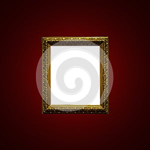 Antique art fair gallery frame on royal red wall at auction house or museum exhibition, blank template with empty white