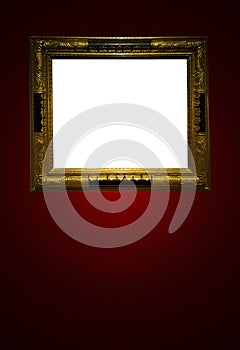 Antique art fair gallery frame on royal red wall at auction house or museum exhibition, blank template with empty white