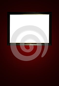 Antique art fair gallery frame on royal red wall at auction house or museum exhibition, blank template with empty white