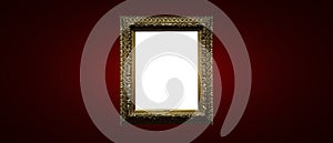 Antique art fair gallery frame on royal red wall at auction house or museum exhibition, blank template with empty white