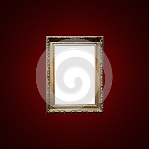 Antique art fair gallery frame on royal red wall at auction house or museum exhibition, blank template with empty white