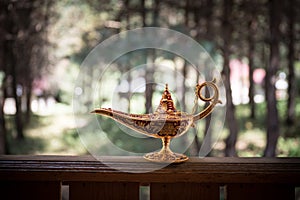 Antique artisanal Aladdin Arabian nights genie style oil lamp at the forest. Lamp of wishes fantasy concept
