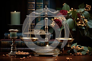 Antique Balance Law Scale with Books on a Table extreme closeup. Generative AI