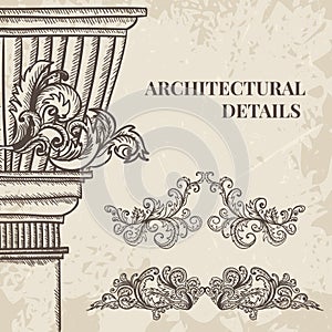 Antique and baroque cartouche ornaments and classic style column vector set. Vintage architectural details design elements