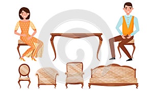 Antique Baroque Furniture Collection, Vintage Interior Luxurious Details and Family Couple in Elegant Clothes Vector