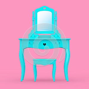 Antique Bedroom Vanity Blue Table with Stool and Mirror in Duotone Style. 3d Rendering