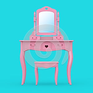 Antique Bedroom Vanity Pink Table with Stool and Mirror in Duotone Style. 3d Rendering