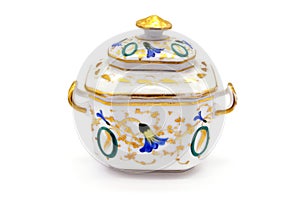 antique Biedermeier Time porcelain sugar box with flower and gold ornaments