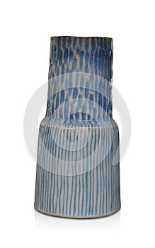 antique blue and white long ceramic vase on white background, object, decor, banner, template, copy space