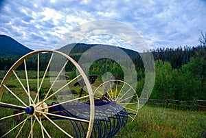 Antique blue and yellow hay rake with Colorado mountains and forest in the background