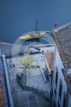 An antique boat moored at the Ribeira in Porto downtown.