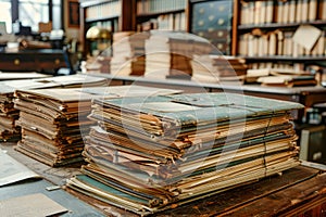 Antique Book Collection on Wooden Table in Vintage Library Setting with Shelves of Old Books in Background