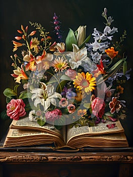 Antique Book Transformed Into Blooming Vines and Flowers â Surreal Botanical Art in Ultra-HD photo