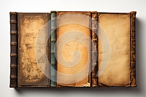 Antique books empty, well worn pages showcased on a white surface