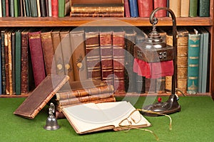 Antique Books, Lamp and Glasses