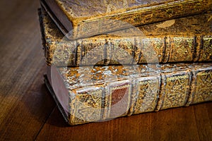 Antique books on a wooden table