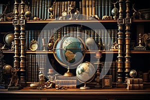 Antique bookshelf in a library, adorned with old books, globes