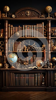 Antique bookshelf in a library, adorned with old books, globes