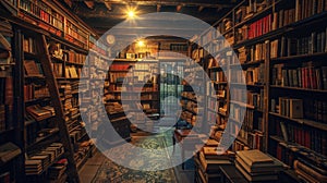 An antique bookstore interior, shelves filled with old books. Resplendent.