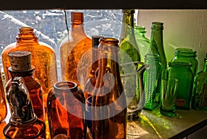 Antique bottles on a shelf, antique store