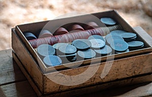 Antique box of poker chips