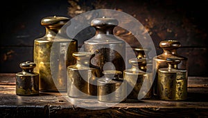 Antique Brass Calibration Weights on a Rustic Table