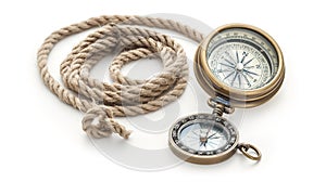 An antique brass compass lies open next to a coiled hemp rope on a white background