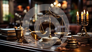 An antique brass scale symbolizes justice and equality in law generated by AI