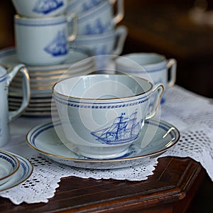Antique British blue porcelain tea set.
