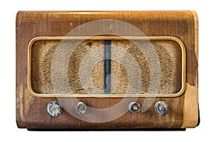 Antique broadcast radio receiver isolated from white background.