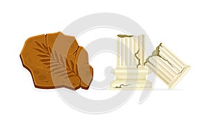 Antique broken Greek column and fossil. Objects of archaeology vector illustration