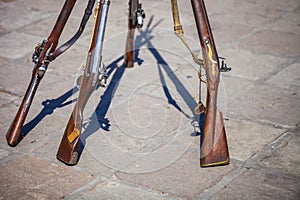 Antique Brown Bess muskets used for the reenactment of the Battle of the Alamo