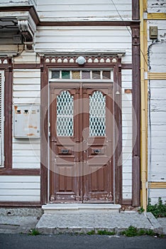 Antique Brown Door with Stained Glass Panels