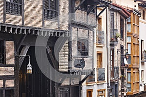 Antique buildings facades in Vitoria-Gasteiz city square, Euskadi, Spain